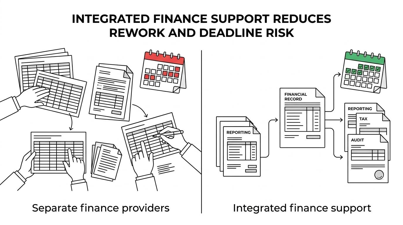 Side-by-side comparison of a fragmented finance setup with separate spreadsheets and providers versus an integrated outsourced CFO model with one financial record and aligned reporting, tax, and audit support.