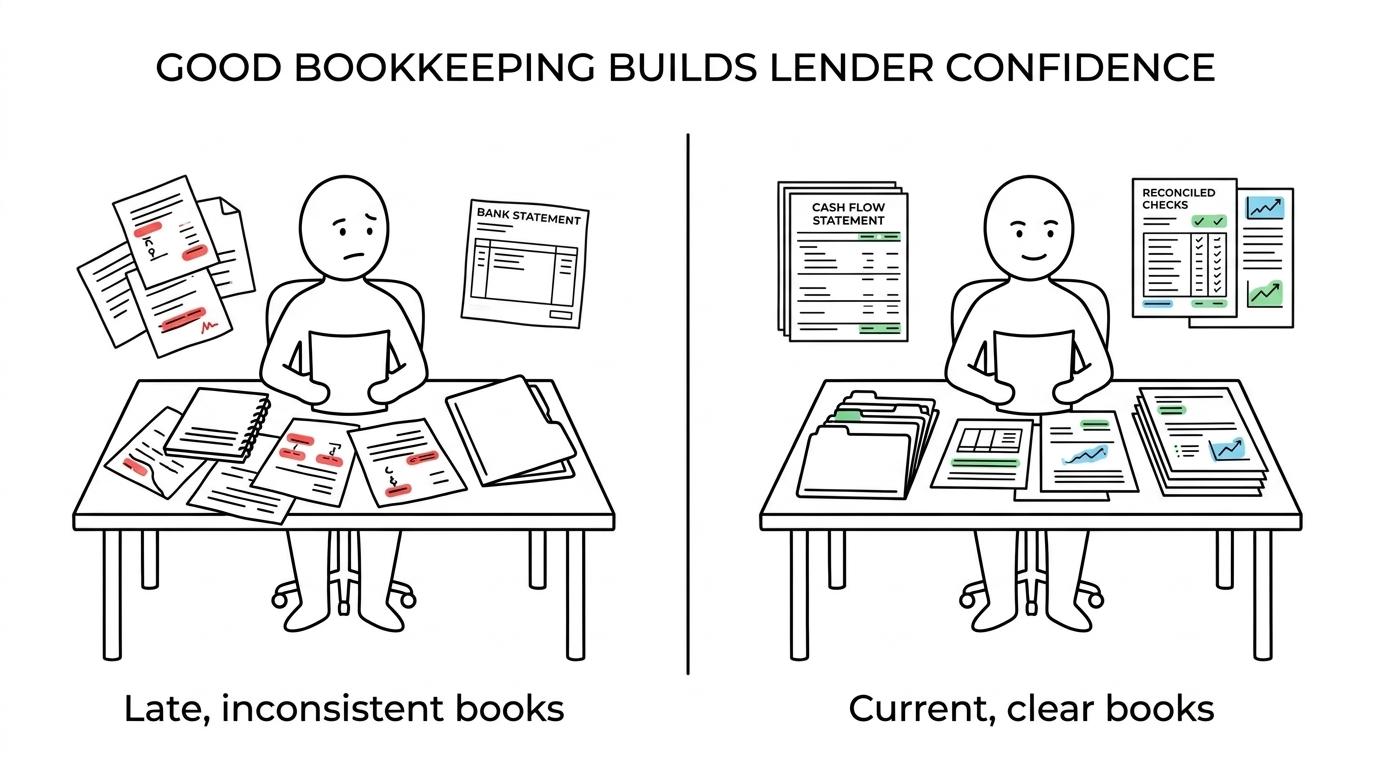 Side-by-side comparison of up-to-date bookkeeping and outdated bookkeeping in a business finance application, showing clear reconciled records and lender confidence on one side and mismatched figures and red flags on the other.