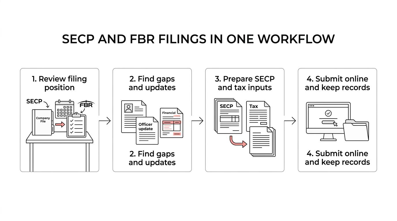 A four-step annual filing workflow for a Pakistan company covering review, record checks, filing preparation, and electronic submission across SECP and FBR.