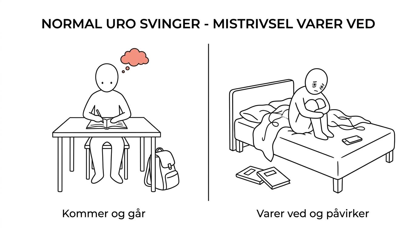 5 tegn på uro hos unge og hvornår hjælp giver mening 1 Side-by-side sammenligning af normal uro hos unge og mistrivsel med forskelle i søvn, skole og sociale relationer.