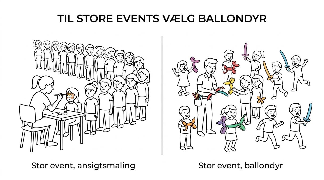 Sammenligning af ballondyr og ansigtsmaling med børn per time og typiske eventbehov.