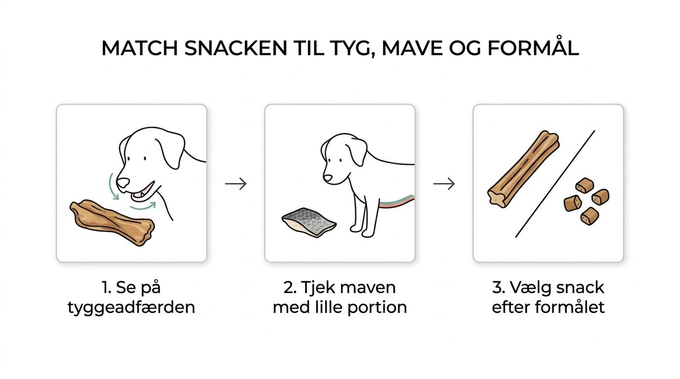 Flowchart showing how to choose a Snack'it dog snack based on chewing style, stomach sensitivity, and purpose.
