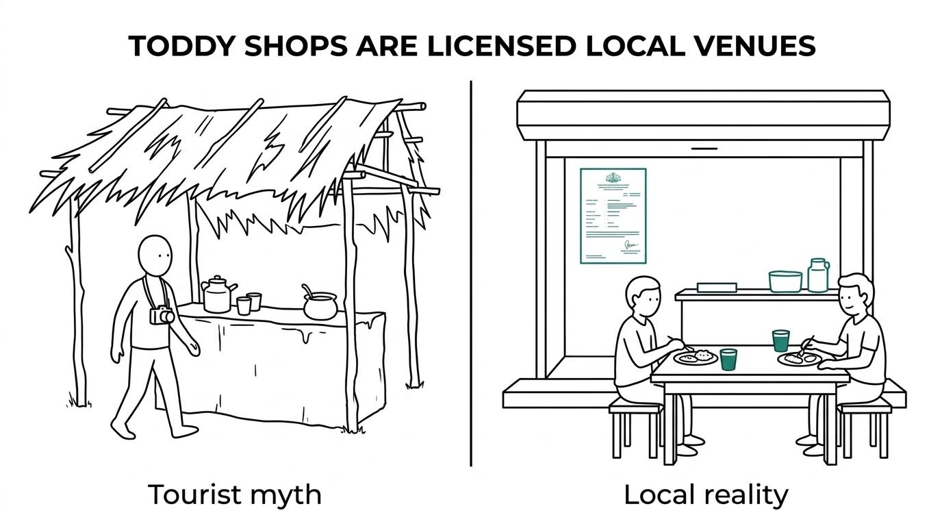 Side-by-side comparison showing tourist assumptions about Kerala toddy shops versus the real licensed local venue experience.