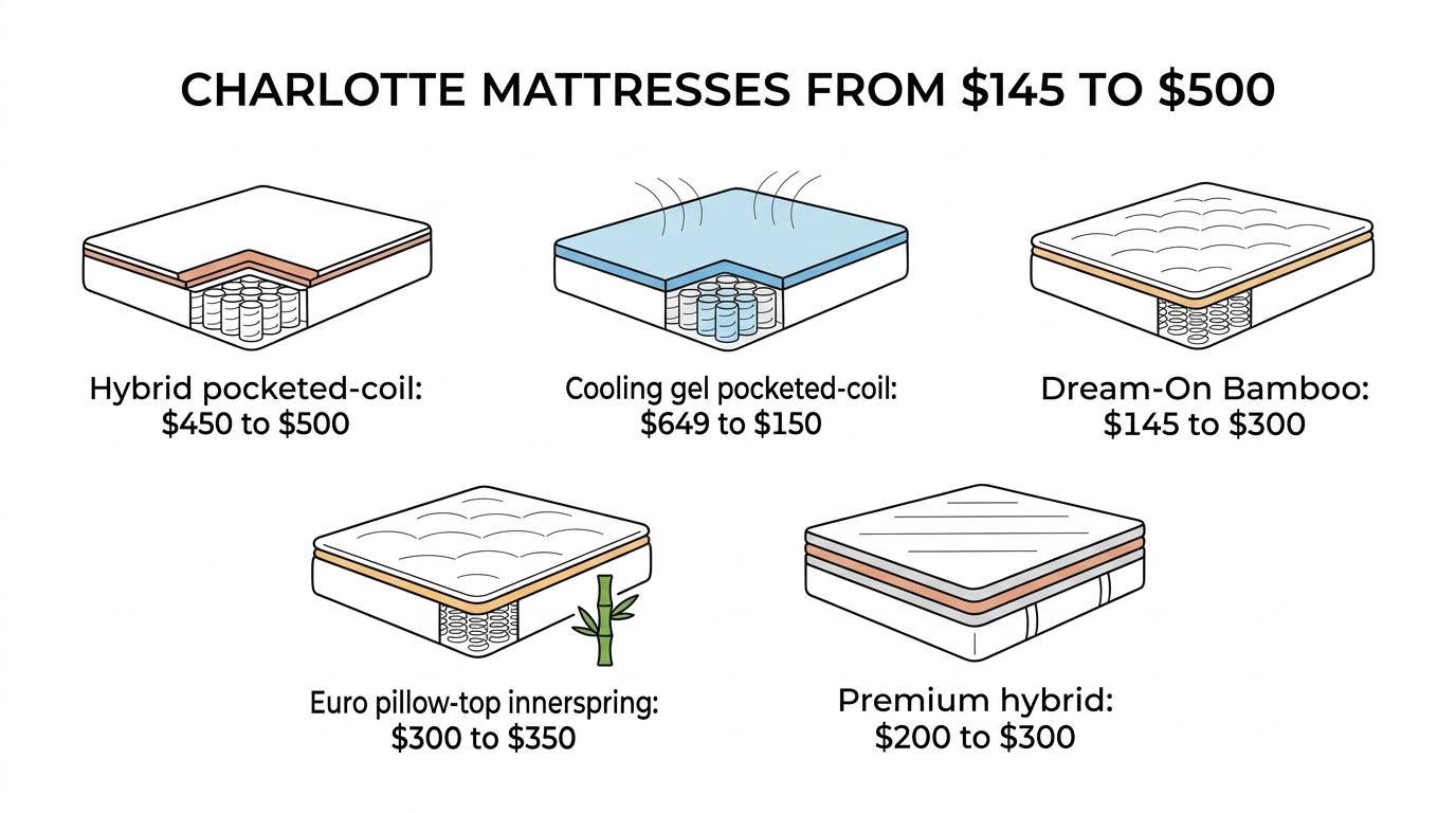 Five Charlotte mattress sale options grouped by mattress type with their listed sale prices and one steep markdown highlighted.