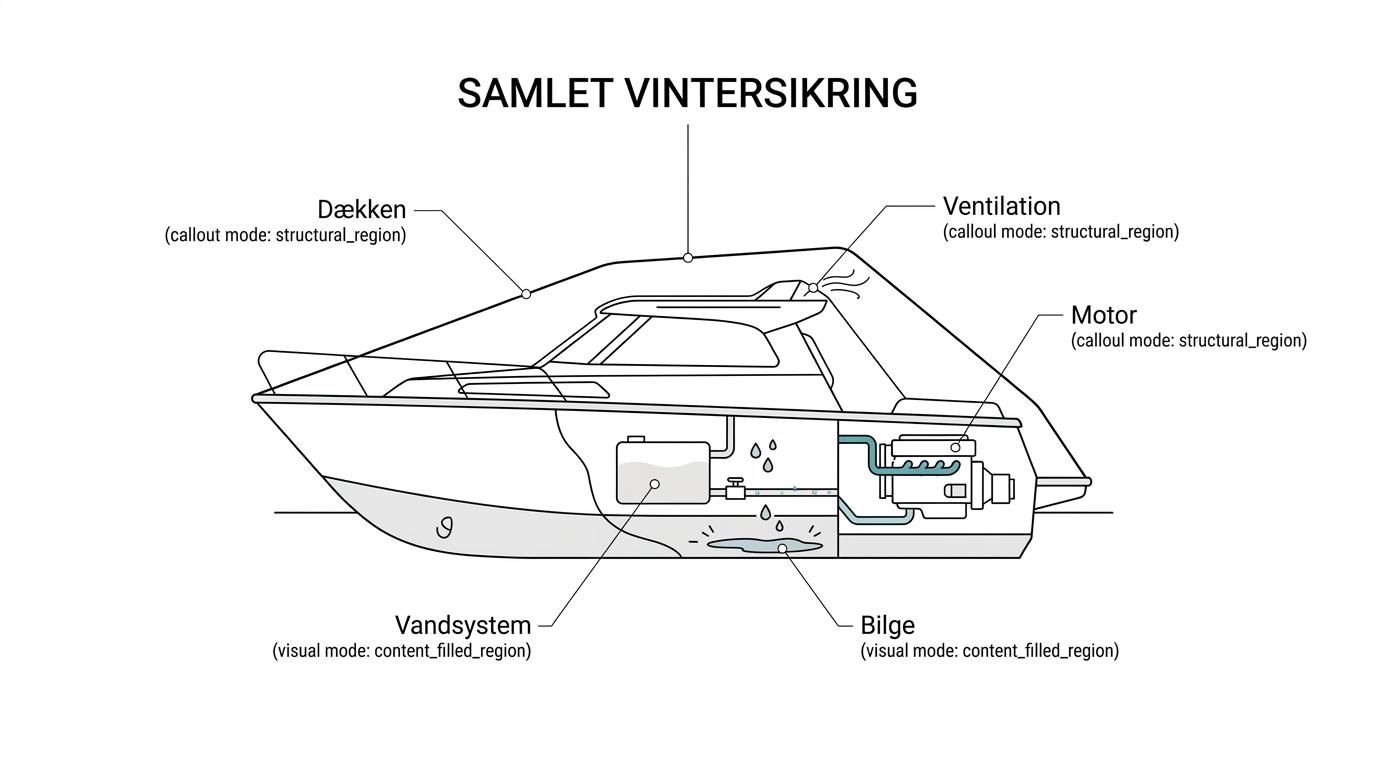 Illustration af en båd i vinteropbevaring med markerede risikozoner som motor, slanger, ferskvand, toilet, bilge, cockpitafløb, presenning og kahyt.