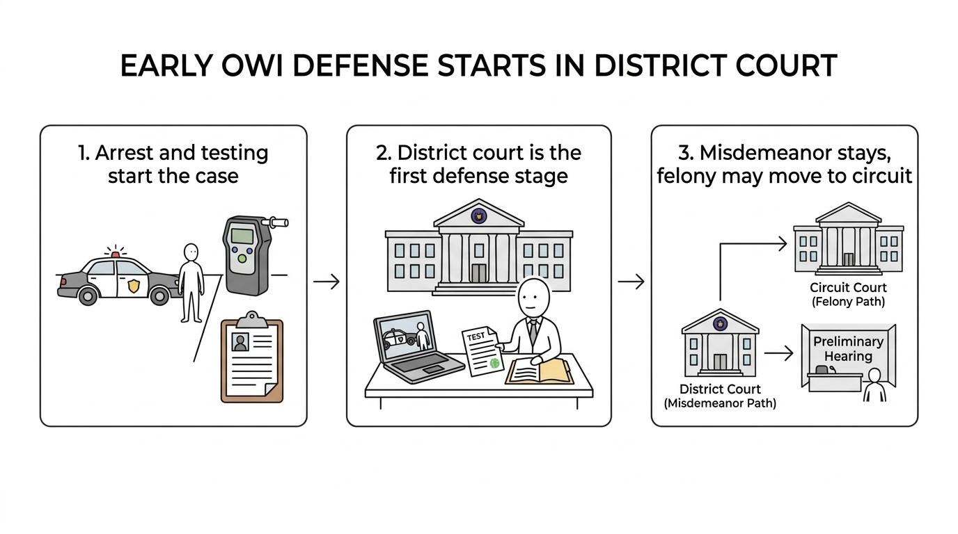 Flowchart showing a Jackson OWI case moving from traffic stop and arrest to district court, then either a misdemeanor path or a felony path that can continue to circuit court after a preliminary examination.
