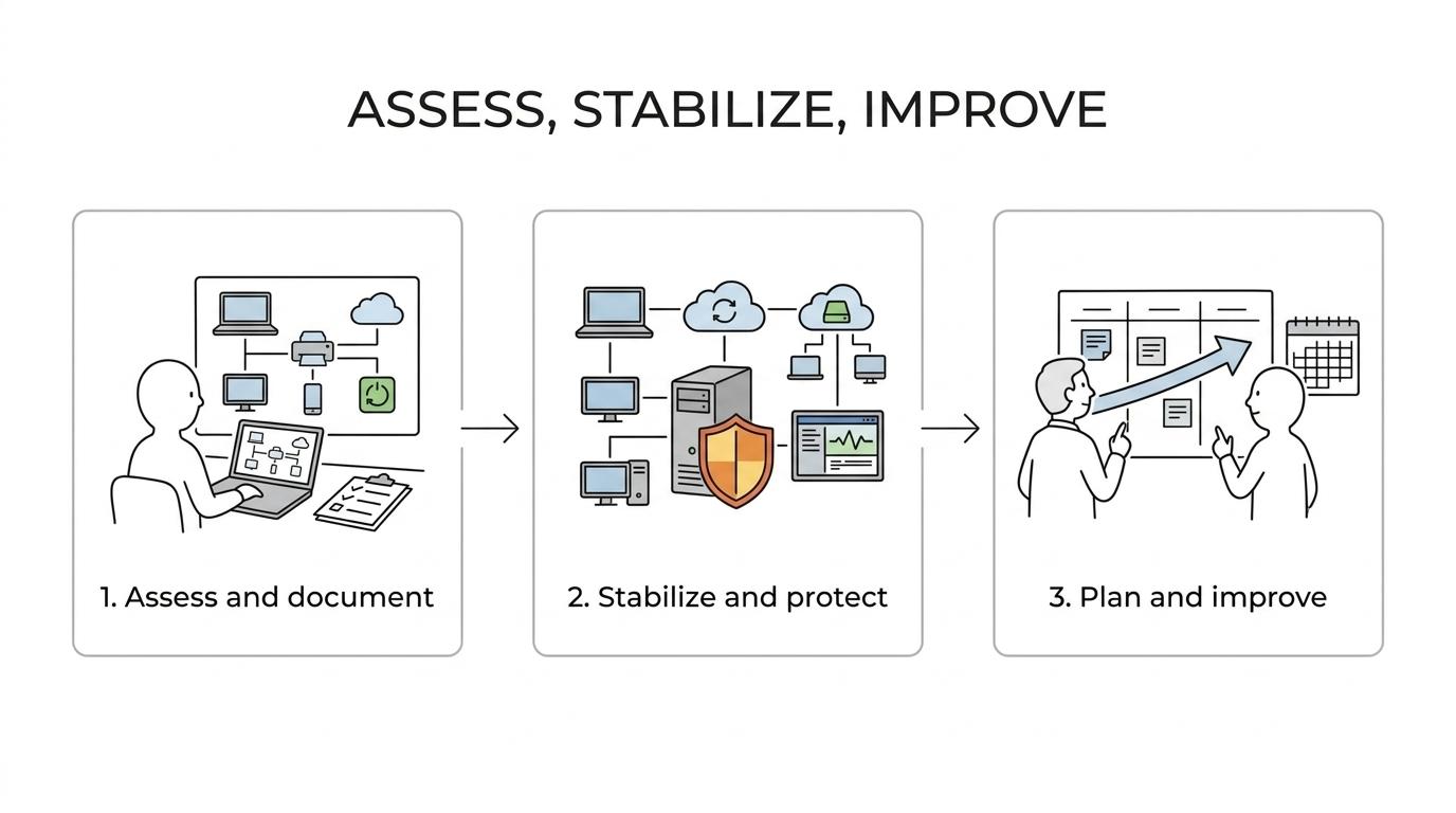 Three-step managed IT support process showing assess and document, stabilize and protect, then plan and improve.