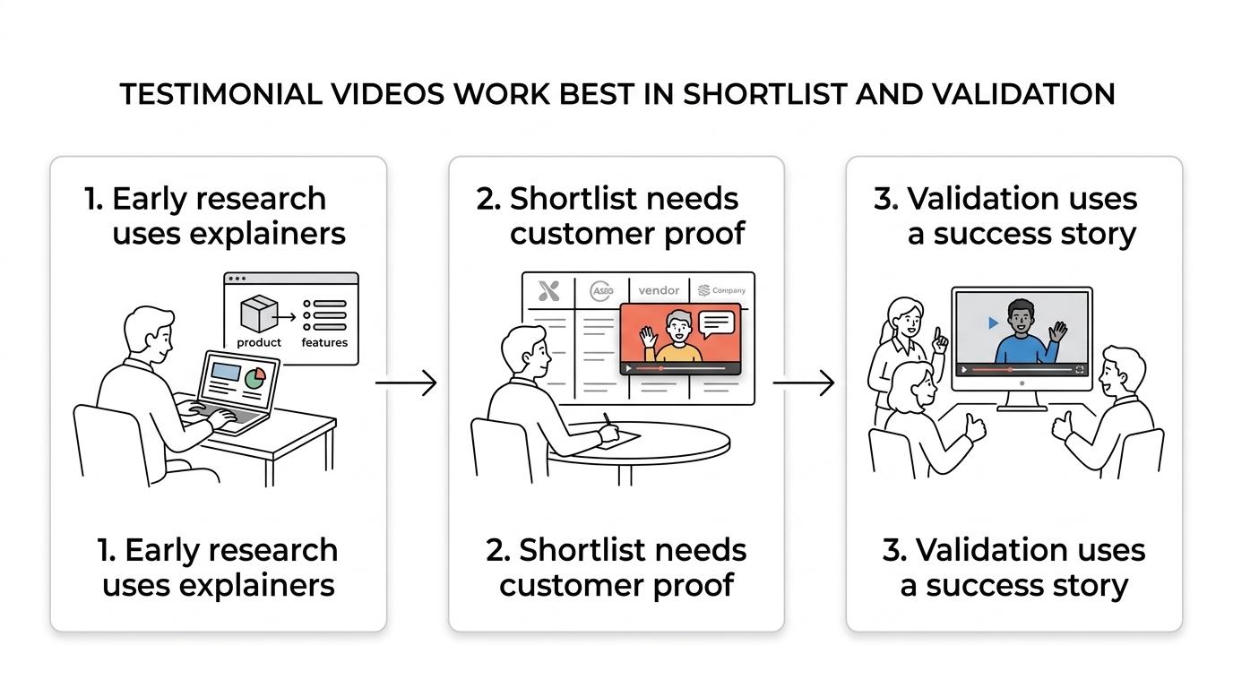 Three-stage B2B buyer journey showing early research, shortlist formation, and internal validation, with testimonial videos becoming most important in the later stages.