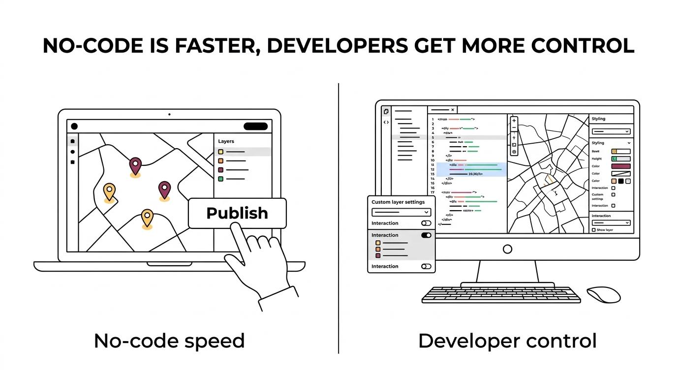 Side-by-side comparison of a no-code map creator and a developer mapping stack across speed, customization, maintenance, and publishing workflow.
