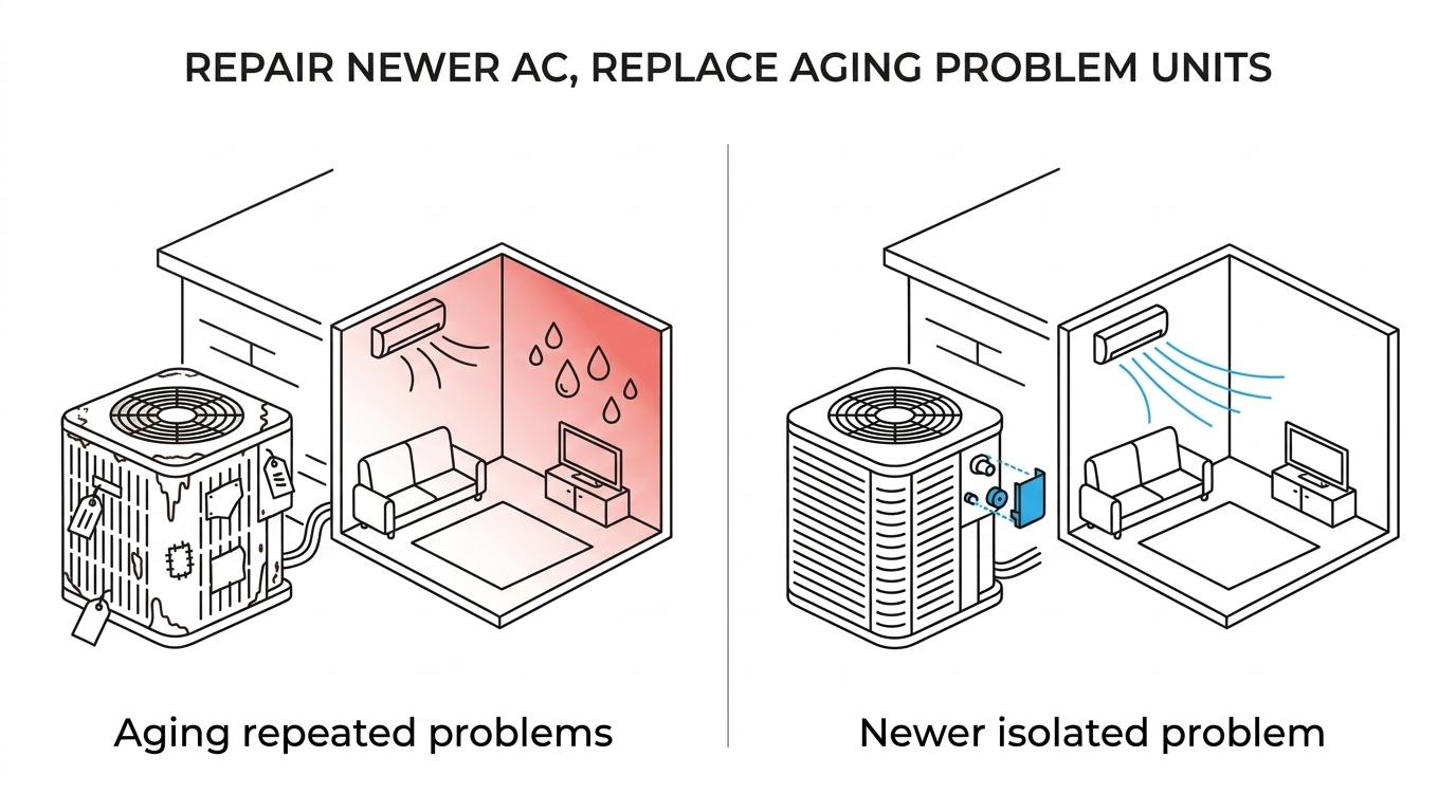 Side-by-side comparison of an AC system that is a good repair candidate versus one that is a strong replacement candidate.