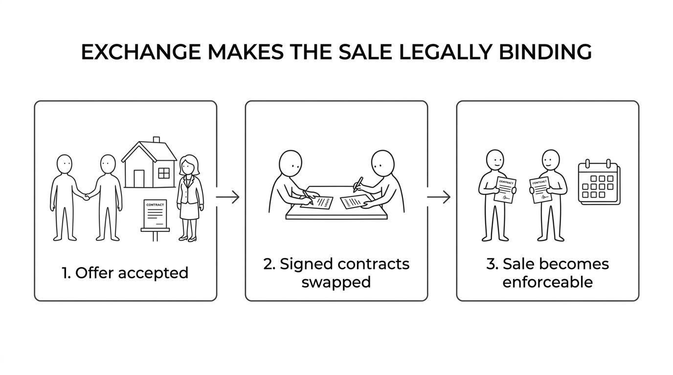Step-by-step timeline of an NSW property sale showing contract preparation, offer accepted, review and amendments, signing, exchange, cooling-off, and settlement.