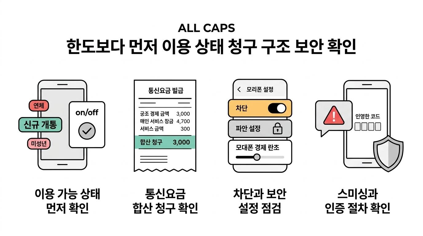 소액결제 상담 전 확인할 핵심 항목으로 한도, 이용 가능 여부, 합산 청구, 차단 설정, 본인인증, 사기 예방이 정리된 인포그래픽.