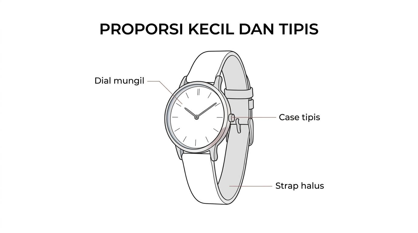 Jam tangan dress wanita di pergelangan dengan label diameter case, ketebalan case, dan panjang lug-to-lug untuk proporsi formal malam.