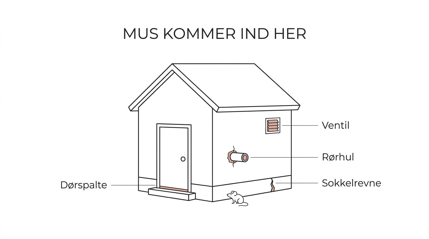 Tværsnit af et hus med markerede steder, hvor mus typisk kommer ind ved døre, rør, ventilationsåbninger, sokkel og loft.
