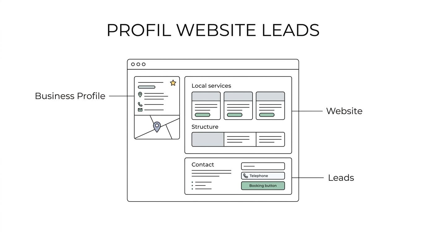 Diagram showing how Google Business Profile, website structure, local service pages, mobile usability, and conversion points connect to generate local leads.