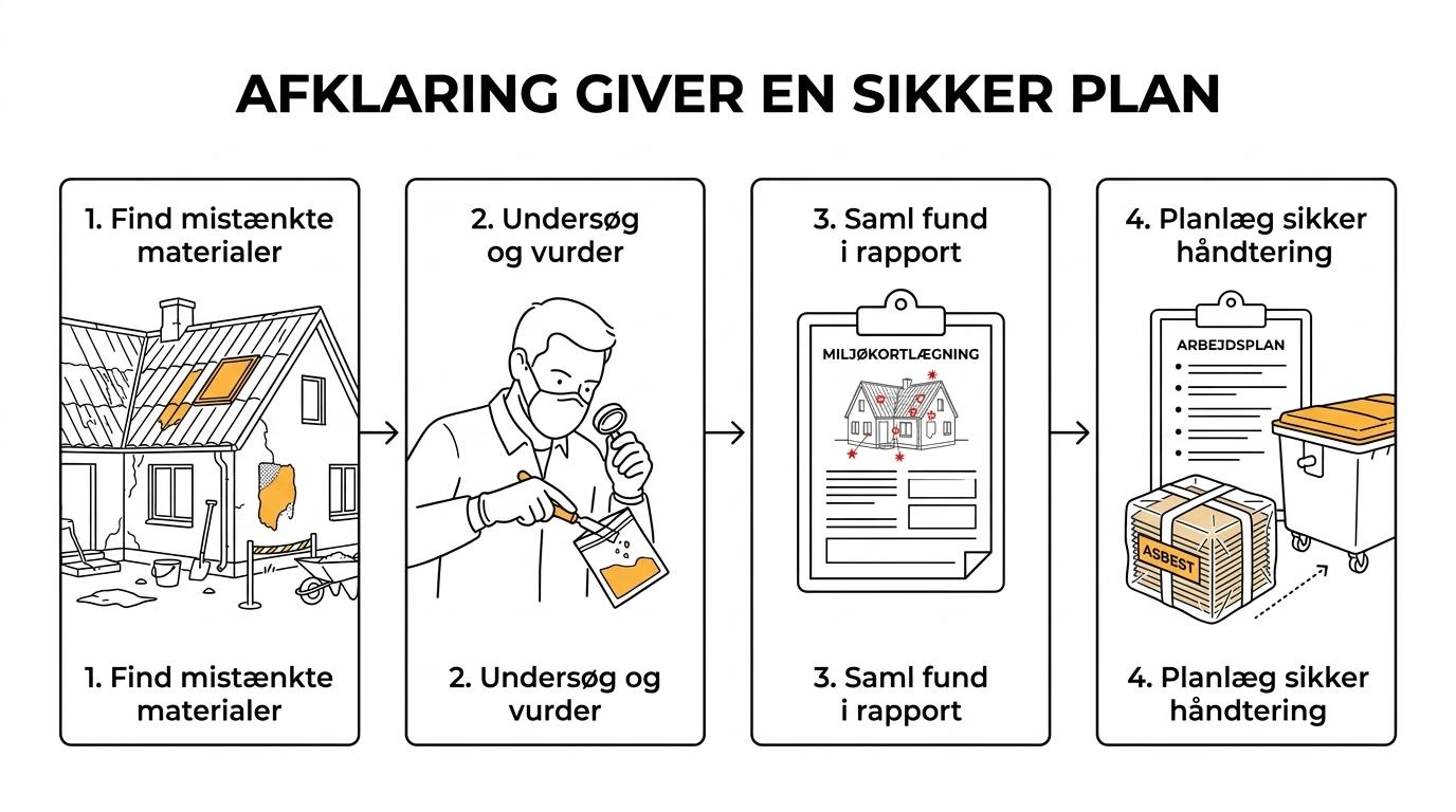 Et trinvis forløb fra mistanke om asbest til undersøgelse, rapport, anmeldelse, håndtering og korrekt bortskaffelse.