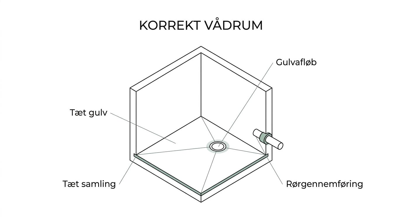 Tværsnit af et badeværelsesgulv og væg med markeret gulvafløb, fald mod afløb, vandtætte samlinger og rørgennemføringer.