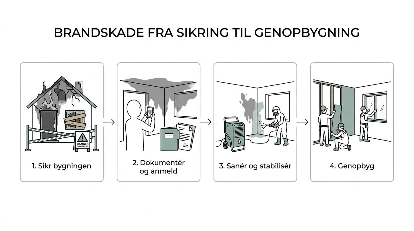 Procesoversigt over forløbet efter en brandskade fra sikkerhed og dokumentation til sanering, affugtning, forsikringsgodkendelser og genopbygning.