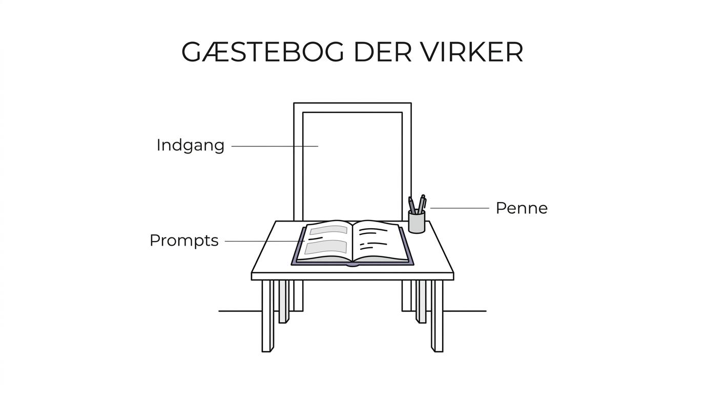 Et velkomstbord med gæstebog, små skrive-prompts, gode penne, tydeligt skilt og placering ved indgangen.