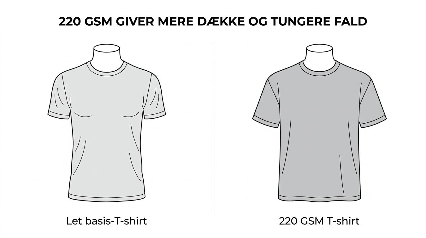 Sammenligning af en let basis-T-shirt og en kraftig 220 GSM T-shirt, hvor den tunge model ser tykkere ud med mere struktur og tungere fald.