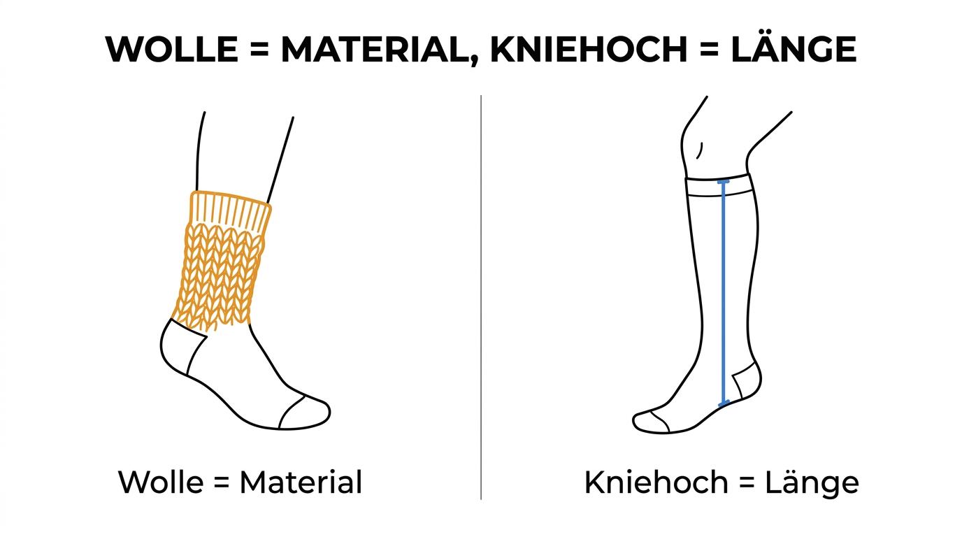 Gegenüberstellung von Wollstrümpfen und kniehohen Strümpfen mit Fokus auf Material und Wärme auf der einen Seite sowie Länge und Schaftschutz auf der anderen.