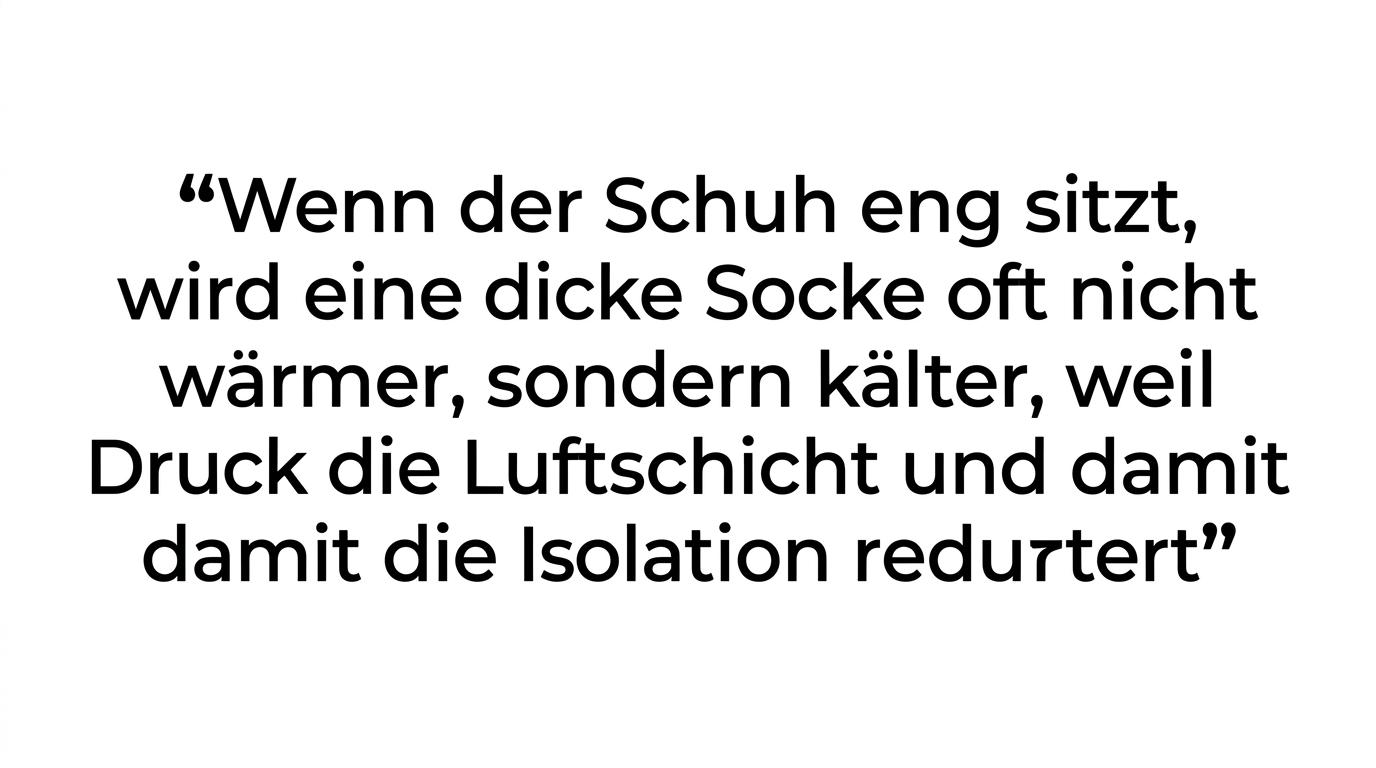 Typografisch hervorgehobenes Zitat darüber, dass dicke Socken in engen Schuhen oft weniger wärmen.