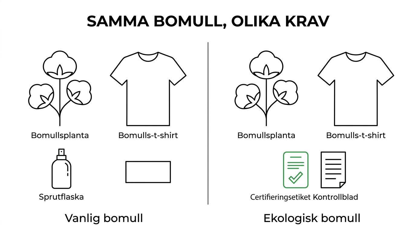 Jämförelse mellan två t-shirts i bomull, en konventionell och en ekologisk, med skillnader i certifiering, miljöfokus, pris och känsla markerade sida vid sida.