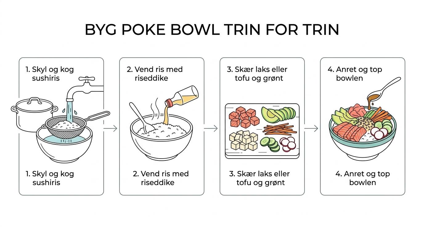 Trinvis visual af poke bowl: sushiris tilsmages, laks eller tofu og grøntsager klargøres, og bowlen anrettes med toppings.