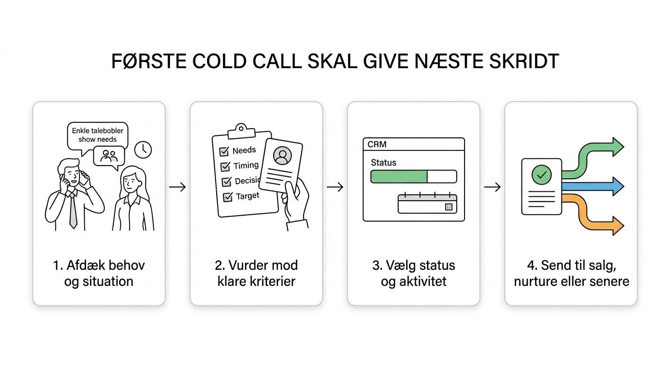 Et enkelt procesflow fra første cold call til kvalificering, CRM-status og næste handling som salg, nurture eller senere opfølgning.
