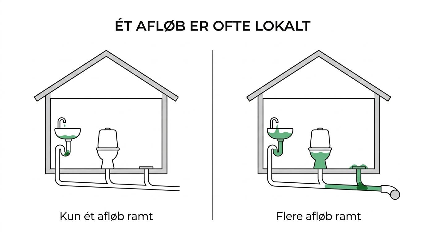 Sammenligning af et lokalt stoppet afløb i én vask med en blokering i kloakledningen, der rammer toilet, køkkenvask og gulvafløb.