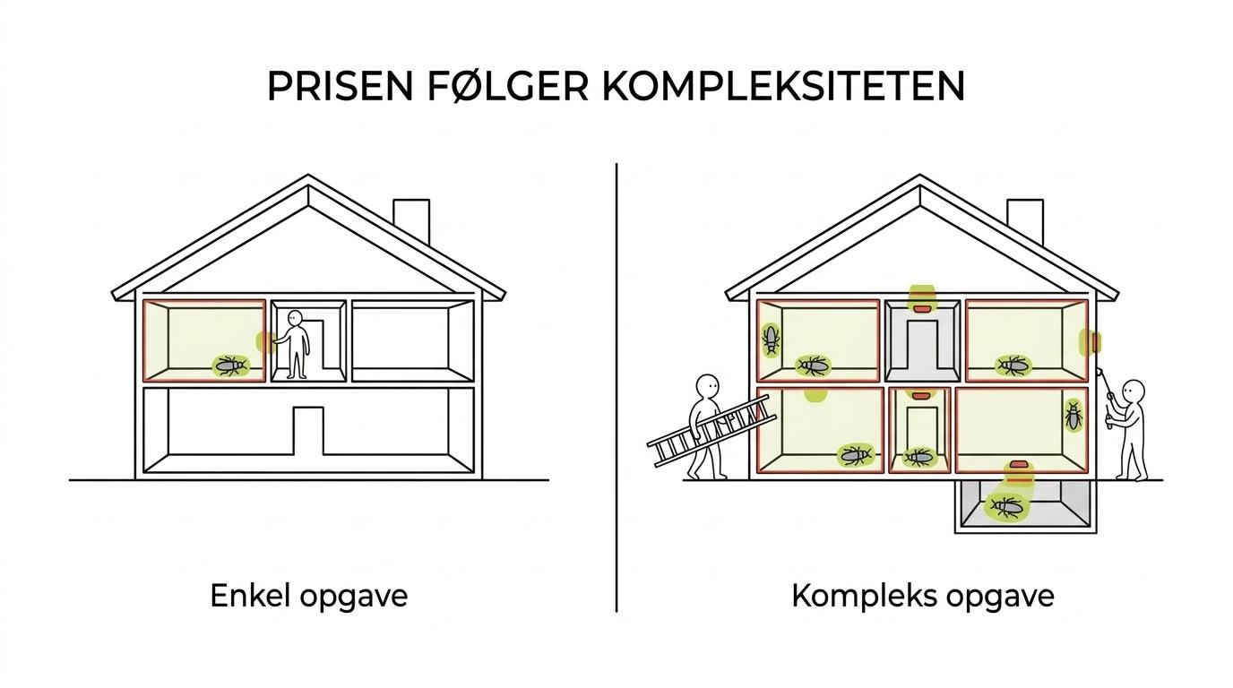Sammenligning mellem en enkel udvendig skadedyrsopgave og et mere komplekst indendørs angreb med flere rum og behov for opfølgning.