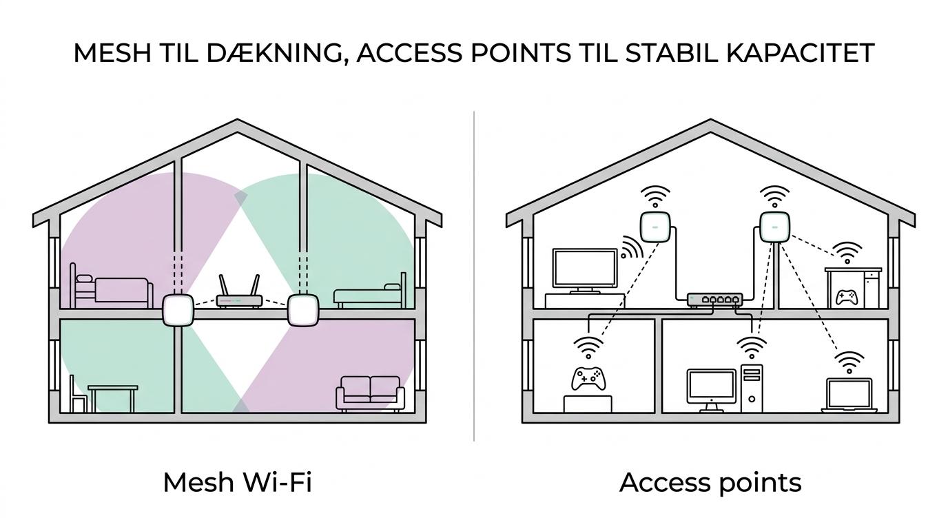Side-by-side sammenligning af mesh Wi‑Fi og kablede access points i et hjem med forskelle i dækning, backhaul og brugsscenarier.