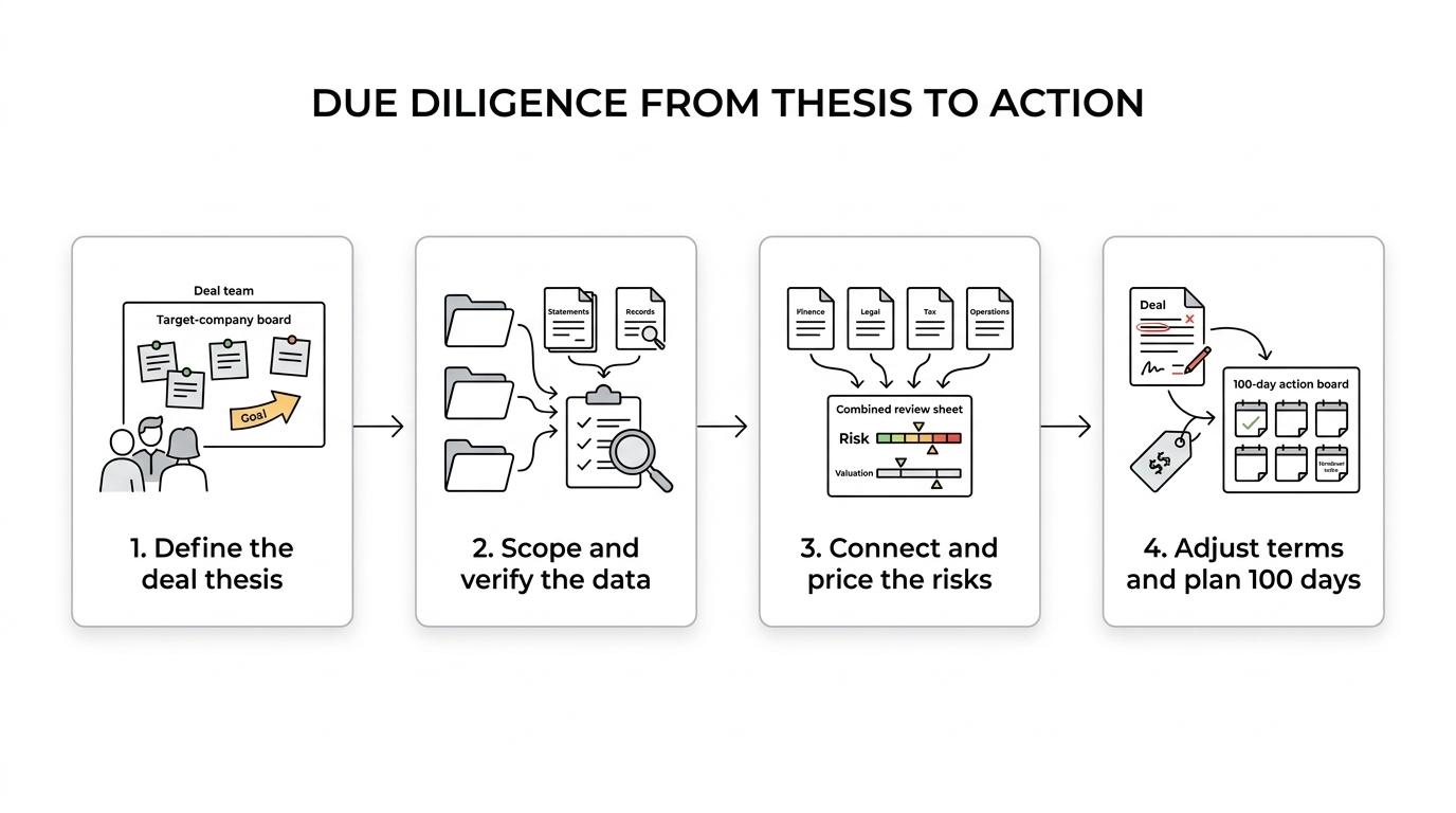 Seven-step due diligence workflow from transaction thesis to post-deal actions.