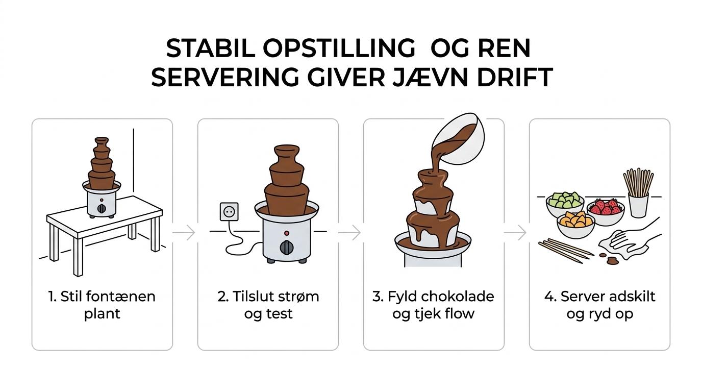 Trinvis oversigt over en chokoladefontæne hjemme: plant bord, strøm, testkørsel, påfyldt chokolade, separate skåle med frugt og spyd samt løbende oprydning.