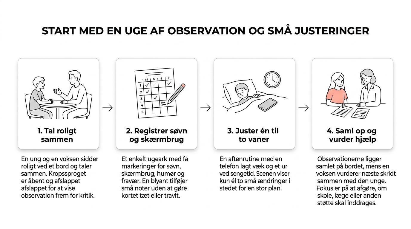 Syvdages forløb for at reagere på en ung med koncentrationsbesvær med observation, registrering og små ændringer.