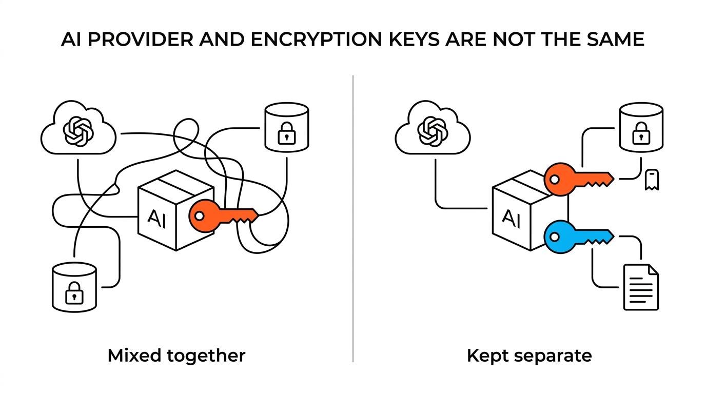 Side-by-side comparison of an AI provider key and a customer-managed encryption key, showing different purposes, billing paths, and control areas.