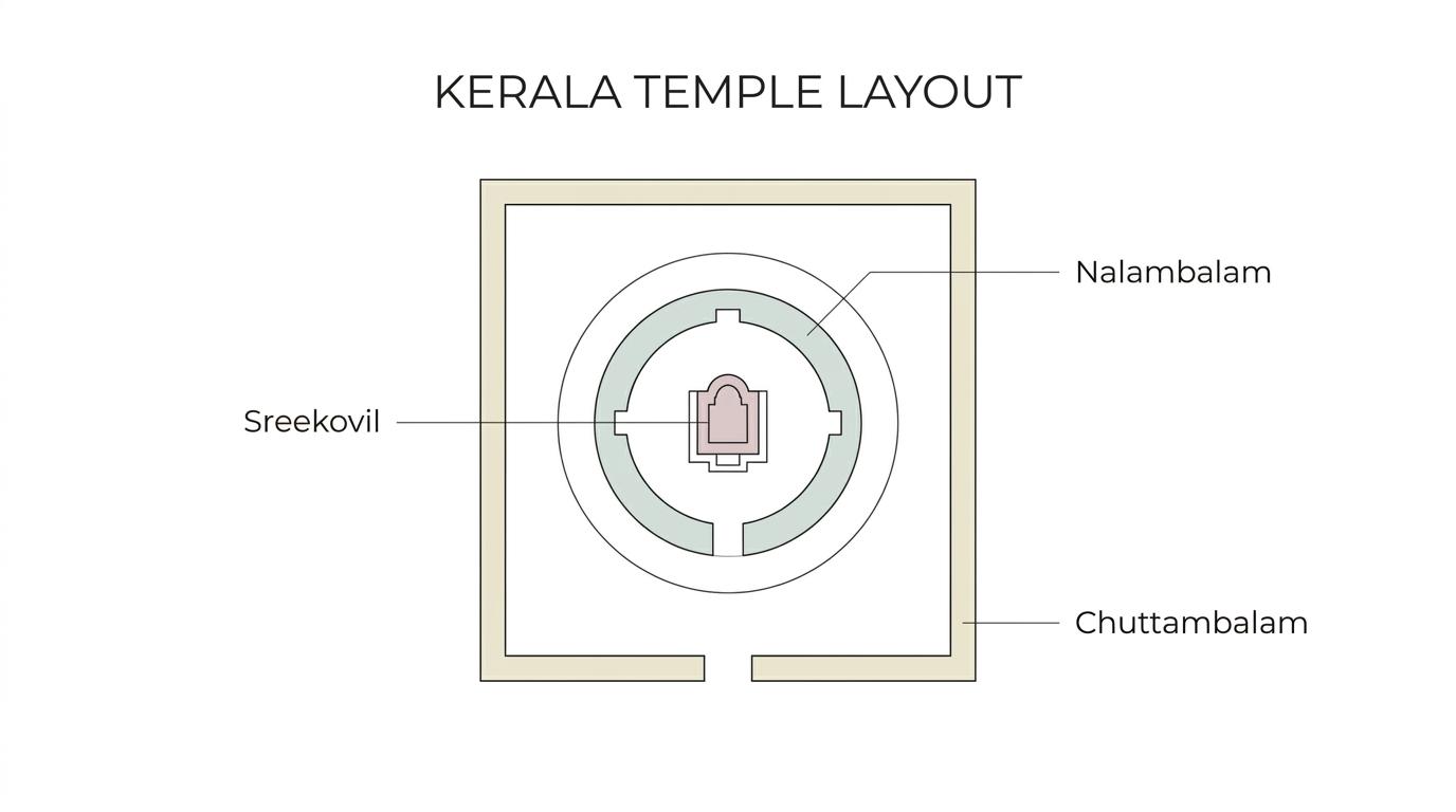 Labeled Kerala temple complex showing the sanctum, surrounding halls, courtyard, lamp pillar, and movement path.