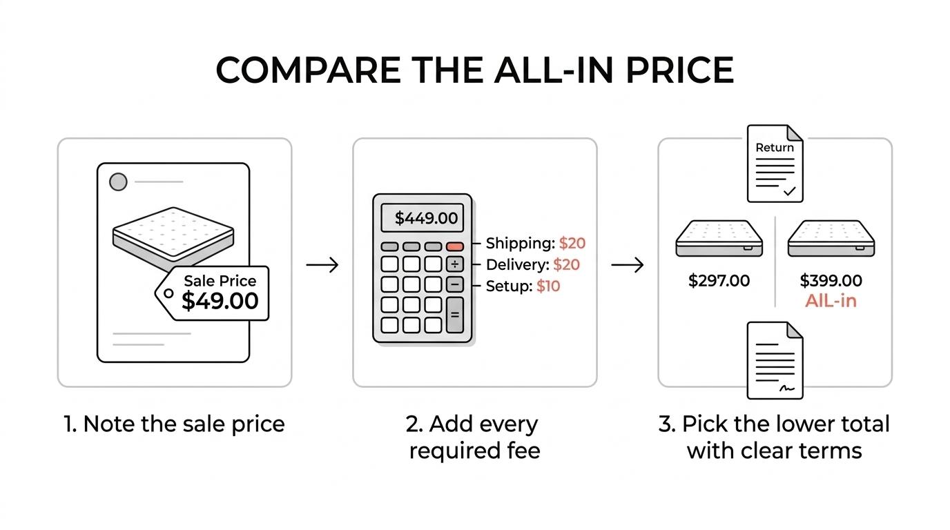 Step-by-step flow showing how to evaluate a mattress sale by matching the exact model, adding all fees, checking return and price-match terms, and comparing pickup or delivery.