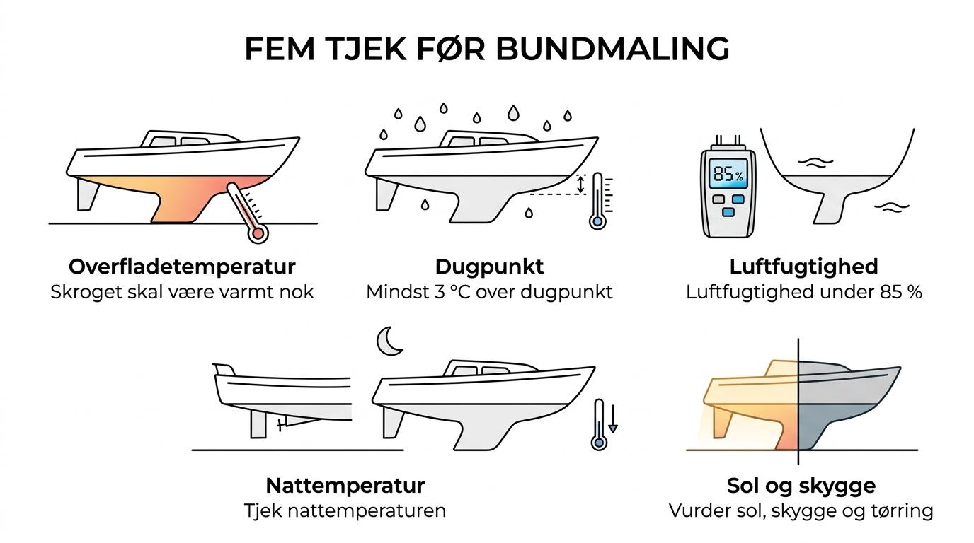 Infografik med fem nøgleforhold for bundmaling i sensommeren: skrogtemperatur, dugpunkt, luftfugtighed, tørretid og søsætningsvindue.