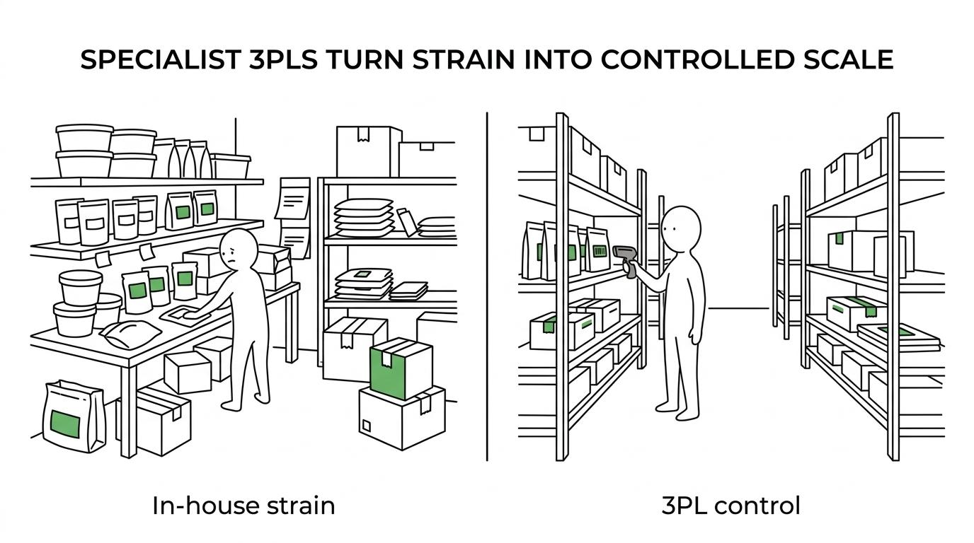 Side-by-side comparison of a strained in-house supplement packing setup and an organized 3PL warehouse with barcode picking, batch tracking, and faster dispatch.