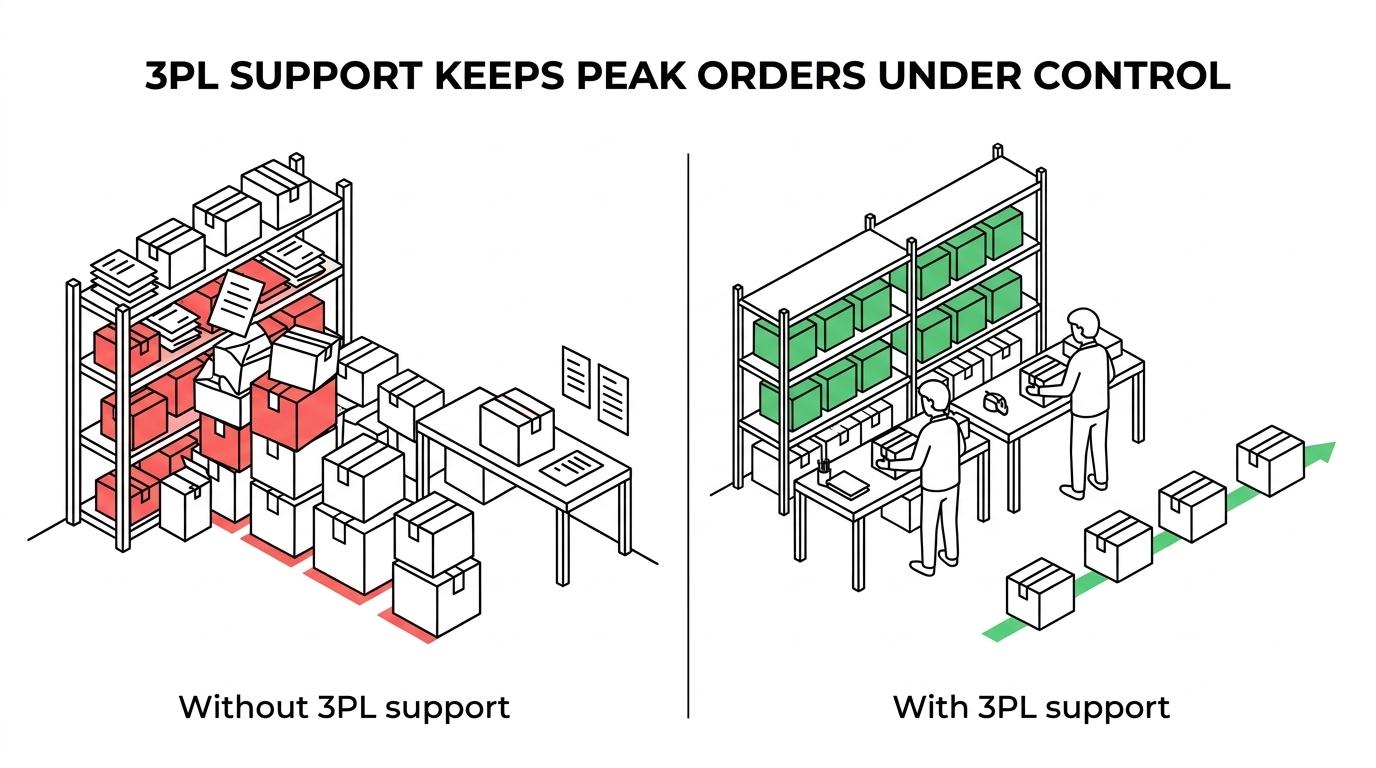 Side-by-side comparison of a small supplement operation struggling with peak order backlog and a 3PL warehouse processing high volumes efficiently.