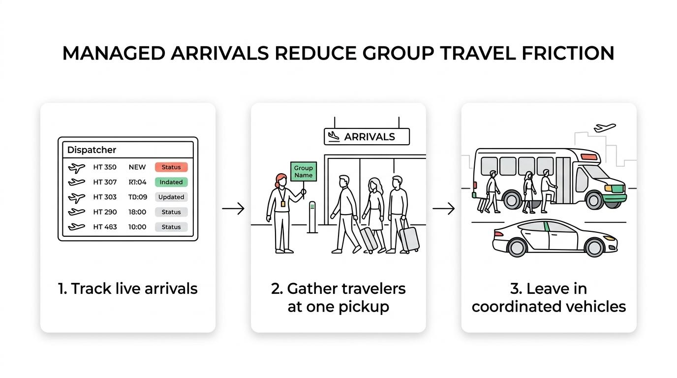 Flow showing corporate airport shuttle management from booking and flight tracking to meet-and-greet, pickup, and transfer to the final destination.