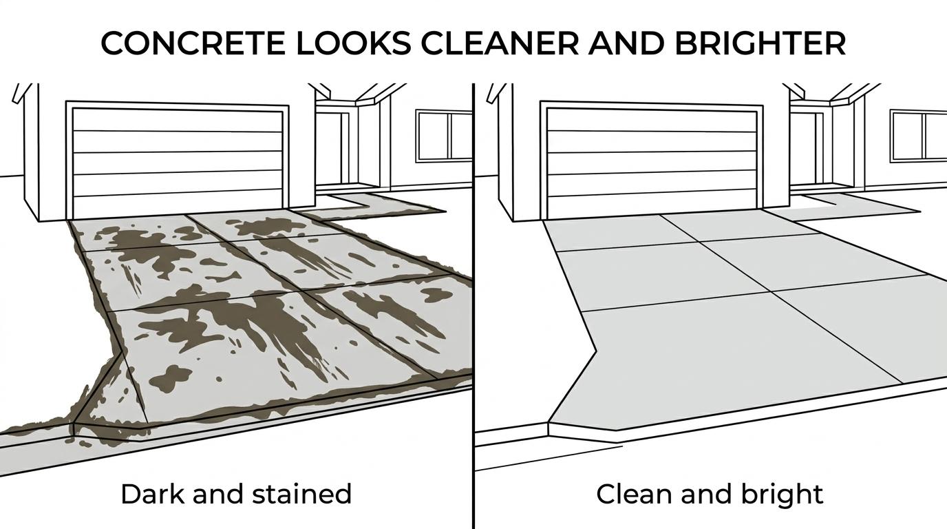 Side-by-side view of dark, stained concrete next to the same surface after professional cleaning.