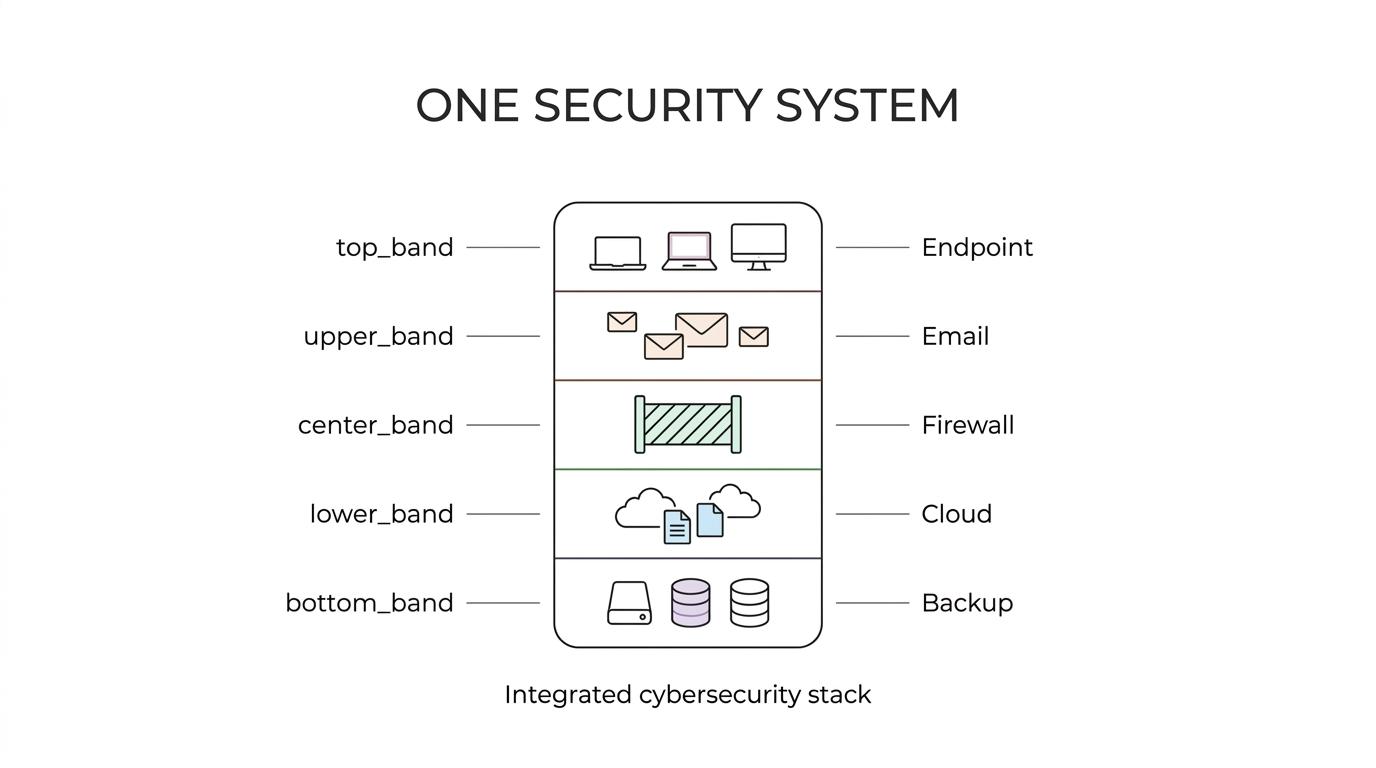 Diagram of a business at the center surrounded by security layers for endpoints, email, firewall, cloud access, backups, monitoring, and user training.