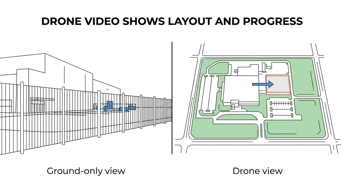Side-by-side comparison of drone video, ground video, and still photography for facility updates, showing when each format works best.
