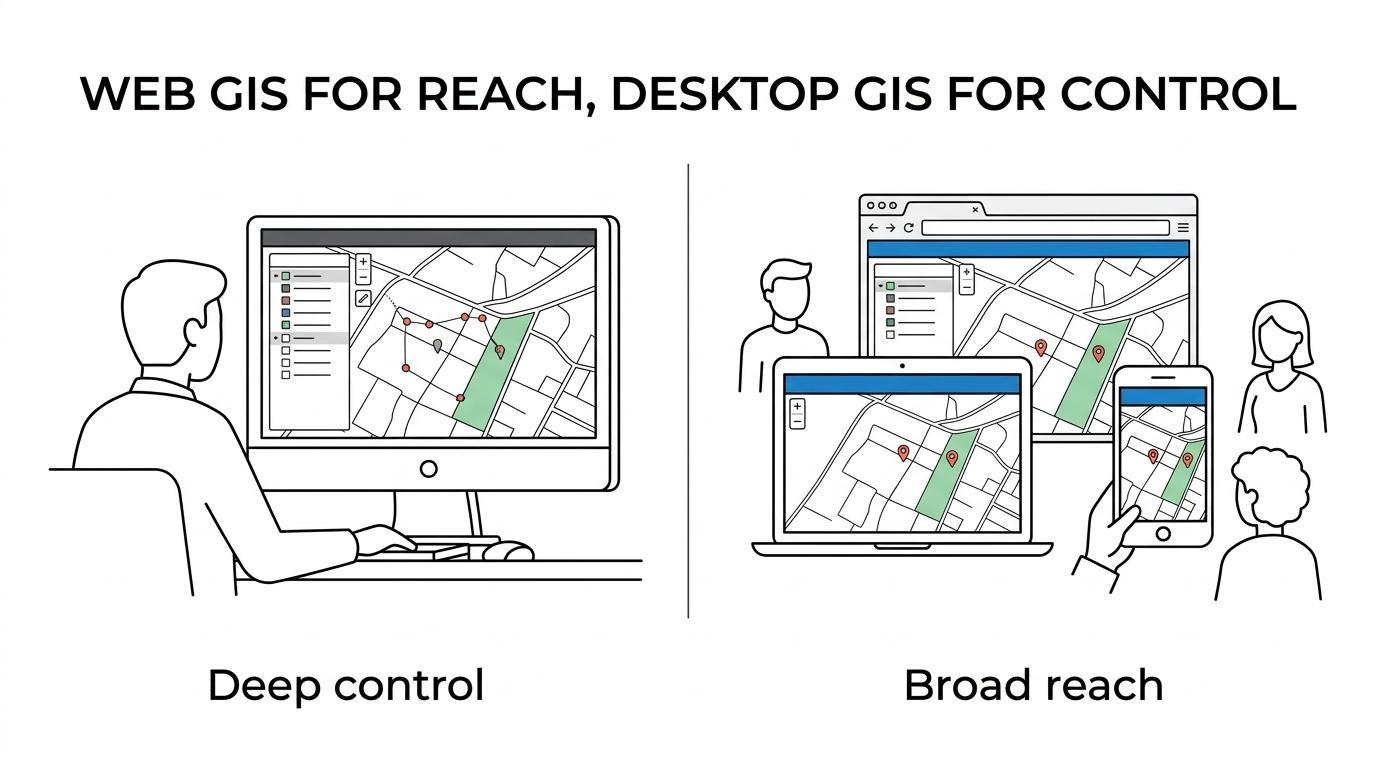 Side-by-side comparison of web GIS and desktop GIS showing collaboration and publishing on one side versus advanced editing and specialist analysis on the other.
