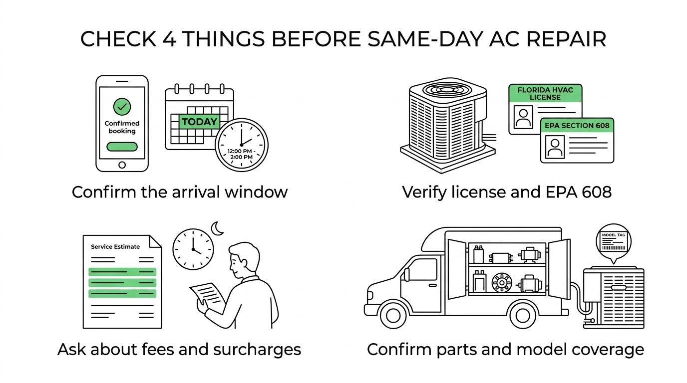Checklist graphic showing seven questions to ask before booking same-day AC repair, including arrival window, Florida license, EPA Section 608, fees, parts, and repair-versus-replacement.