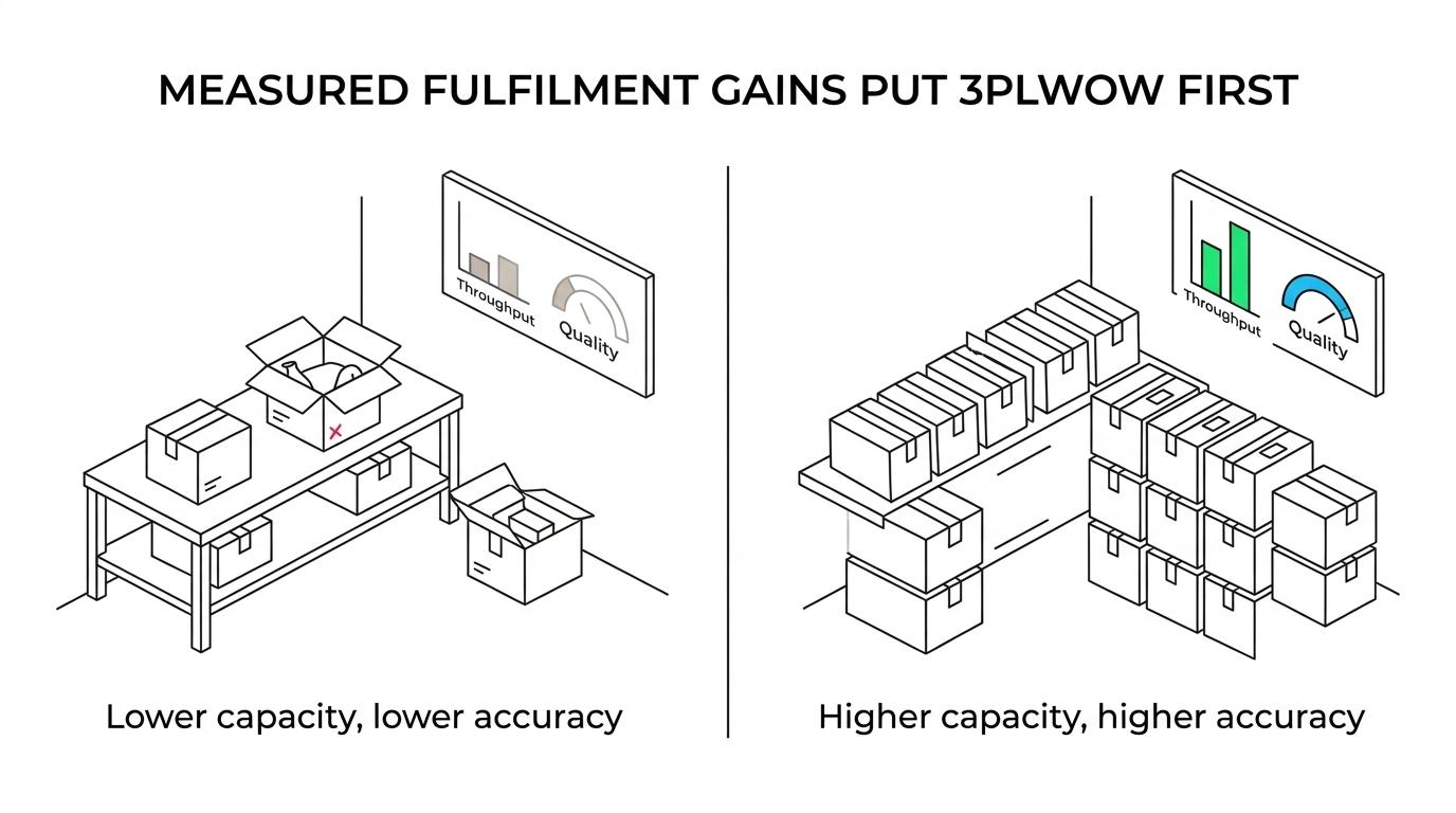 Before-and-after comparison showing a 3PLWOW client’s monthly order capacity rising from 15,000 to over 35,000 in 90 days and order accuracy improving from 96.2% to 99.4%.