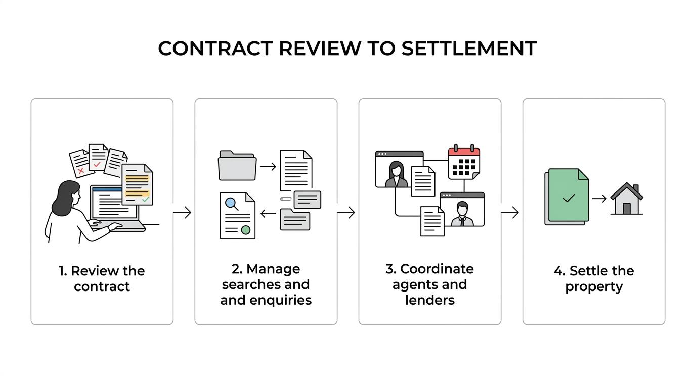 A step-by-step conveyancing journey showing contract review, document preparation, enquiries, coordination with agents and lenders, and settlement for a Kiama property transaction.