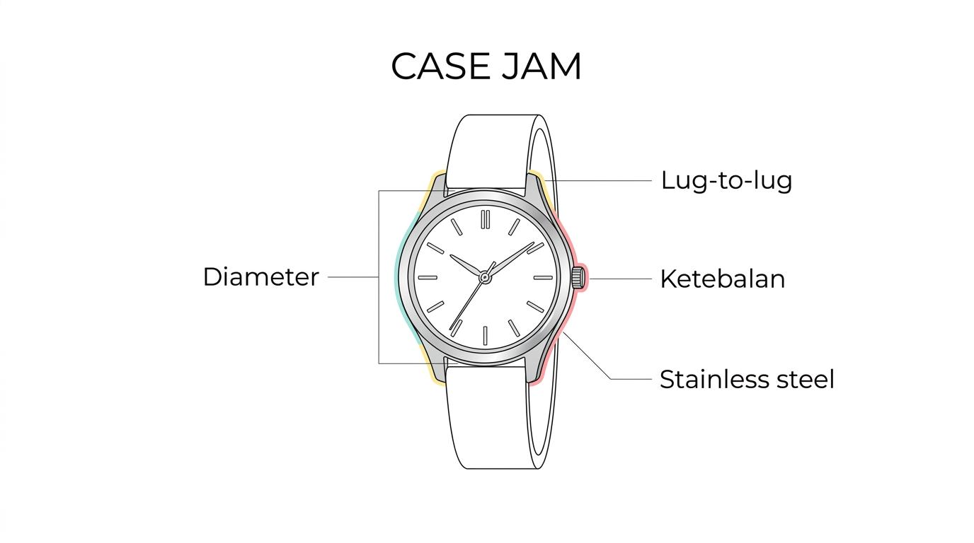 Ilustrasi jam tangan wanita silver dengan label diameter case, lug-to-lug, ketebalan case, bracelet, clasp, caseback, crown, dan finishing metal.
